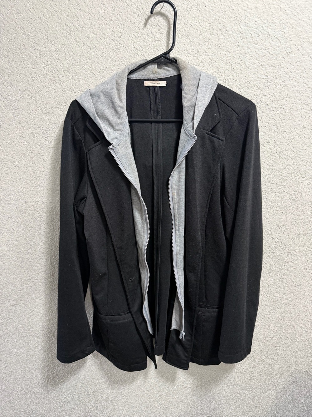 Maurices Black Blazer with Gray Hooded Zip Liner
